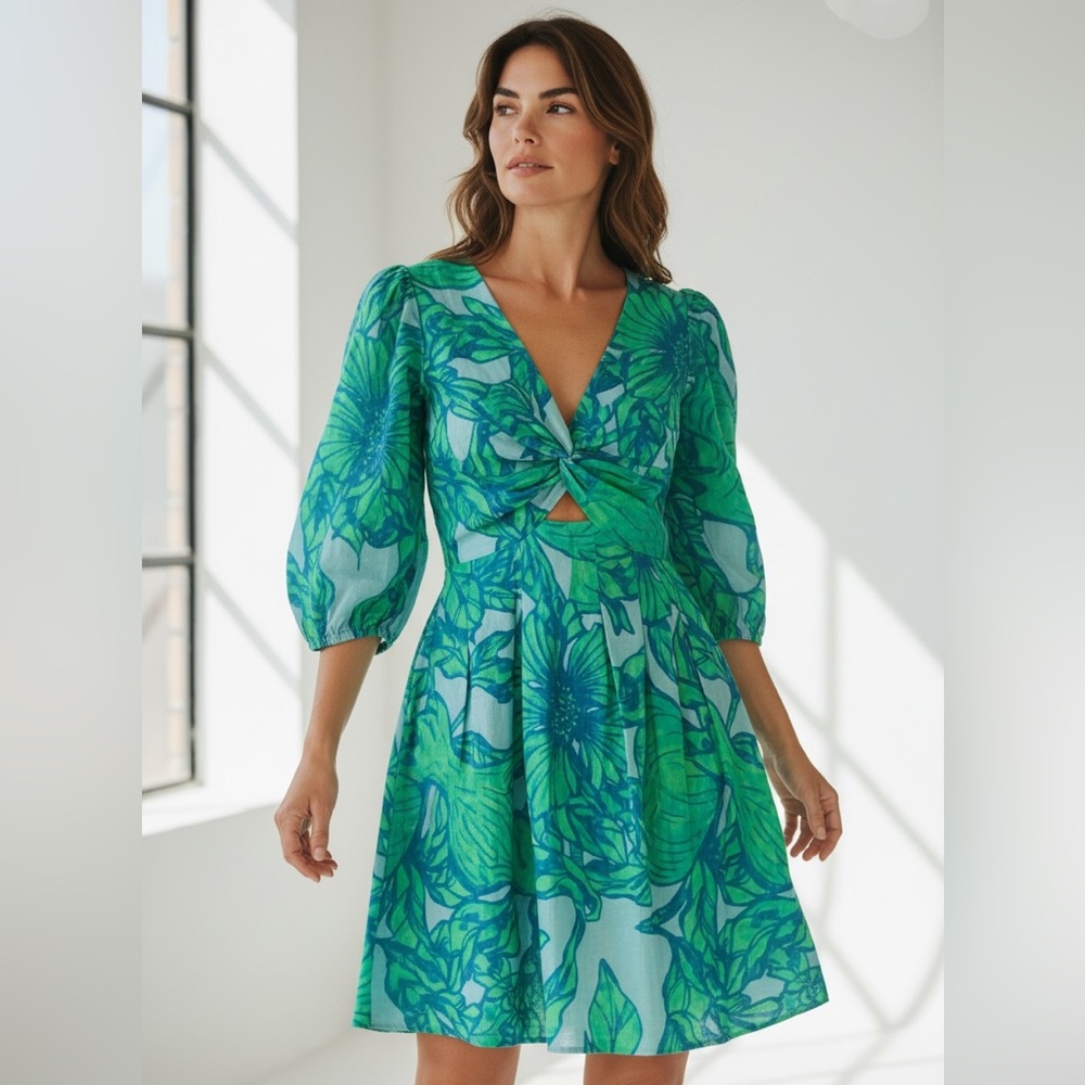 NWT Bianca Mar Puff Sleeves Green & Blue Mini Floral Dress. Size M. SKU 357